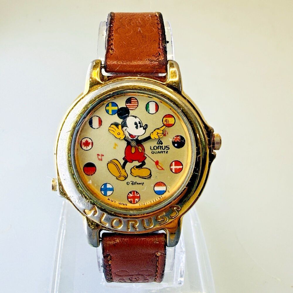 Vintage Lorus Disney Mickey Mouse Musical Watch 32mm V421-0021NT Flags EUC